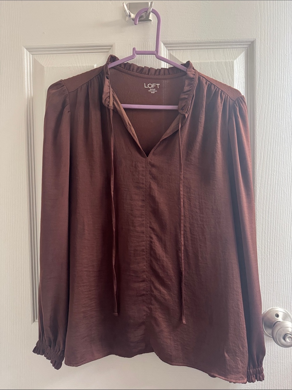 LOFT Brown Ruffle Tie-Neck Blouse